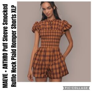 MAEVE × ANTHRO Puff Sleeve Smocked Ruffle Neck Plaid Romper Shorts XLP